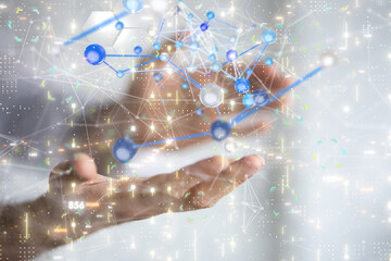 abstract lines with dots over dark background.