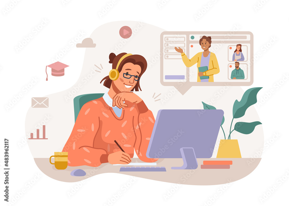 Poster woman attending online webinars listening to teacher and completing tasks. vector work qualification