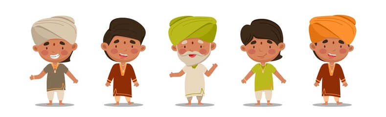 Indian men are a cute and fun set. Vector illustration in a flat cartoon style