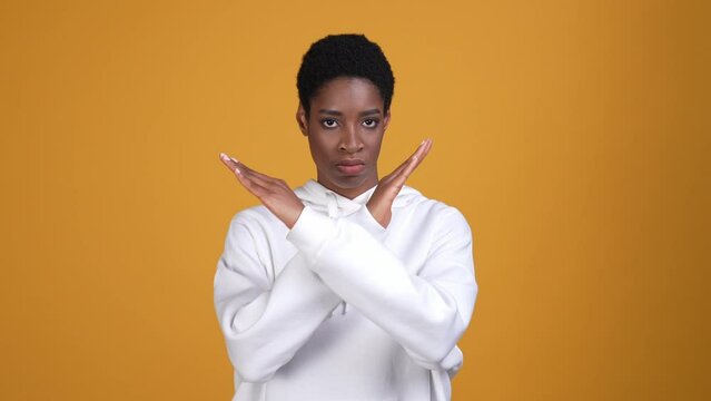 Lady guy cross arms decline deny disapprove isolated bright color background