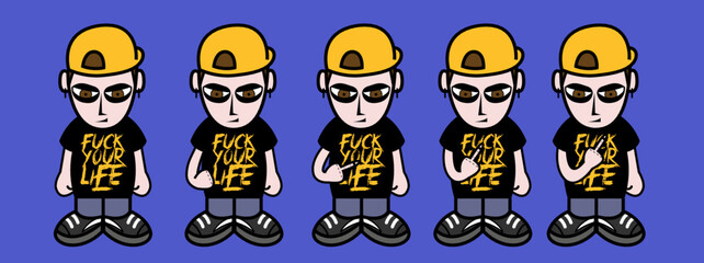 Personaggio cool trendy hipster incazzato arrabbiato cappellino t-shirt fuck dito medio fanculo gestacci sequenza animazione onion skin - obrazy, fototapety, plakaty