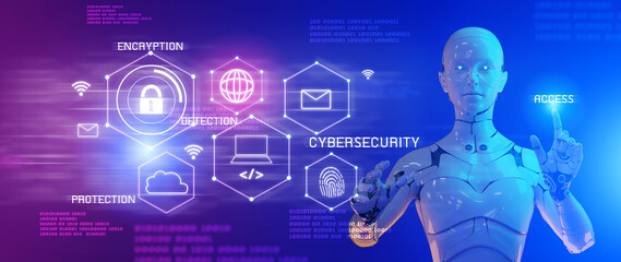 Cybersecurity, internet scam, cybercrime, 3D robot with graphic symbol of digital network technology computer virus attack risk protection, privacy data hacking, AI artificial intelligence firewall