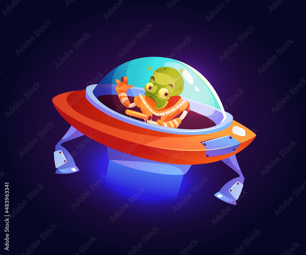 Poster extraterrestrial creature flying in saucer, unidentified cartoon character in cosmos. alien in shutt