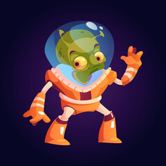 Outer space and distant galaxies dweller and creature, alien wearing suit with helmet protecting from pressure. Vector cartoon character personage from other universe, martian in mission waving hand