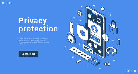 Privacy protection customer personal data security banner landing page isometric vector illustration. Banking account information business safety service with smartphone and shield padlock key gear