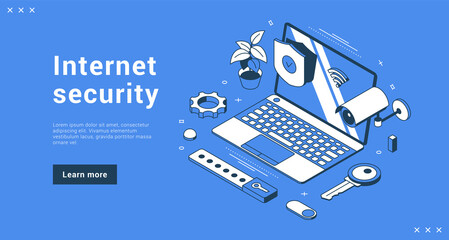 Internet security personal data information protection service landing page banner isometric vector illustration. Access authentication privacy network online secure with shield padlock webcam laptop