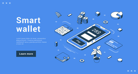 Smart wallet smartphone application for contactless internet payment counting and analyzing finance landing page isometric vector illustration. Money online transaction nfc technology advertising