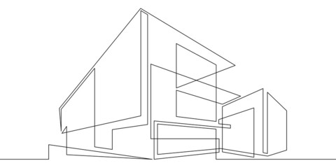 One continuous line.Continuous line drawing.Modern minimalist home. Residential city house. Architectural concept of the building.Line Art isolated white background.