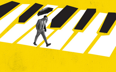 Contemporary art collage of serious man in suit walking with umbrella along piano keys isolated...