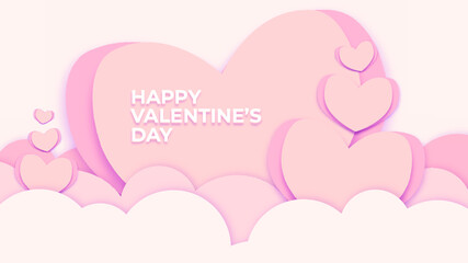 Fototapeta na wymiar pink heart and clouds valentine papercut background