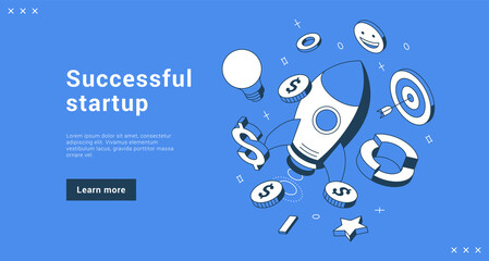 Successful startup business strategy planning brainstorming financial goal achievement internet banner landing page isometric vector illustration. Innovation idea launch rocket management leadership