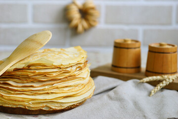 stack of pancakes. Carnival celebration. Maslenitsa food. National dish. Traditional meal. Homemade bakery. Rustic. Russian culture. Breakfast time 