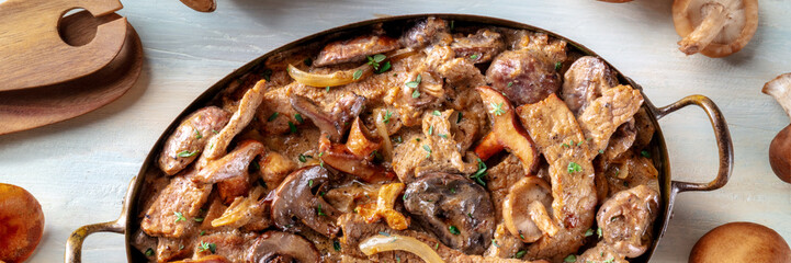 Mushroom beef stroganoff panorama. Meat with champignons, boletus and ceps, overhead flat lay shot on a teal background