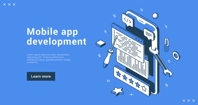 Mobile app development coding software programming internet banner landing page isometric vector illustration. Smartphone application interface building process business modern technology