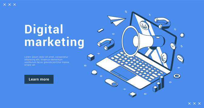 Digital marketing internet business strategy and management advertising announce with megaphone and laptop. Banner landing page e commerce promo sale discount isometric vector illustration