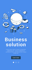 Business solution innovation idea strategy develop internet banner mobile application isometric vector illustration. Financial anti crisis corporate management brainstorming analysis creative decision