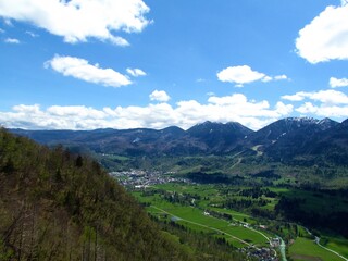 Naklejka premium Landscape wih forests and meadow in the municipality of Bohinj and Bohinjska Bistrica town in Slovenia