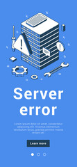 Server 404 error system maintenance, update, under construction caution warning web page internet banner isometric vector illustration. Connection failure cyberspace engineering technical problem