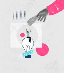 Contemporary art collage. Businessman sitting on lightbulb, symbolizing brilliant business ideas