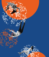 Music, soul and relax. Contemporary artwork. Young people flying over blue and orange background. Concept of surrealism, art, imagination and ad