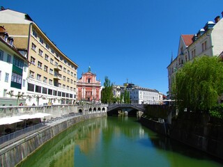 Fototapeta premium Ljubljanica river flowing through Ljubljana city in Slovenia and the Franciscan Church of the Annunciation and a reflection of the buildings in the river