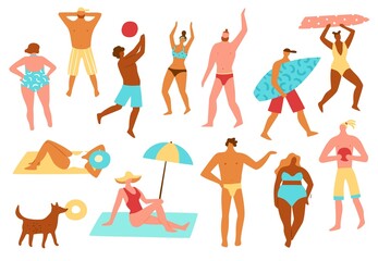 Beach people. Summer men or women in bikinis and swimming trunks. Characters with surfboards and hats. Sunbathing or relax. Persons play with ball and surfing. Vector set of seashore resort