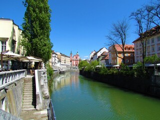 Fototapeta na wymiar Ljubljanica river flowing through Ljubljana city in Slovenia and the Franciscan Church of the Annunciation and a reflection of the buildings in the river