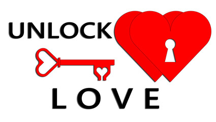 valentine's day, love: open to love, two red hearts with key for good luck to unlock hearts. On white background illustration in 3d graphics.