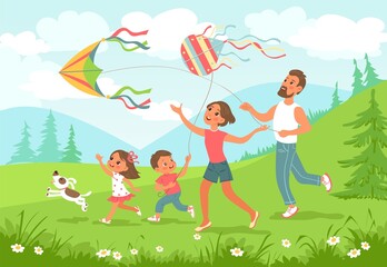 Obraz na płótnie Canvas Family fly kites. Outdoor joint activity. Happy children and parents playing with air toys. Mom and dad walking together with son and daughter in park. Summer leisure. Vector concept