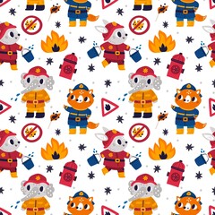 Firefighters seamless pattern. Funny animals in fire protection uniforms with buckets. Fox and hare extinguish flame. Red pumps. Forbidding signs. Burning match and bonfire. Vector print