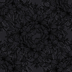 Botanical vector illustration, summer lilium flowers, bouquet of flowers, line art style, romantic decoration, dark background, seamless pattern, Handmade