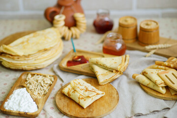 Pancakes. Carnival. Maslenitsa food. Rustic. Russian culture. Breakfast 