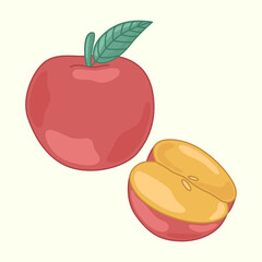 Vector red apple in cartoon style, on a light background. A whole apple. Half an apple.