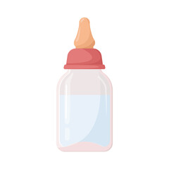 Baby bottle with pacifier and milk, isolated on white background. Nutrition for newborn. Milk mixture for baby. For children's goods store. Childhood. Products for children. Vector illustration