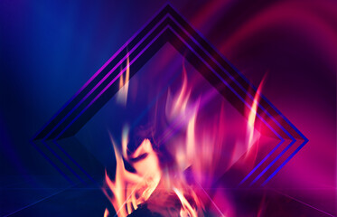 Dark abstract background.  Neon geometric 3d figure in flames, ultraviolet smoke. 3d illustration