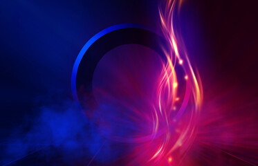 Dark abstract background.  Neon geometric 3d figure in flames, ultraviolet smoke. 3d illustration