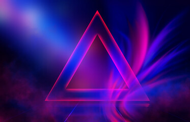 Dark abstract background.  Neon geometric 3d figure in flames, ultraviolet smoke. 3d illustration