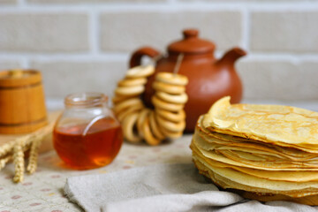 pancakes with honey. Culture. Rustic. Carnival. Maslenitsa food. National dish. Traditional meal. Breakfast 