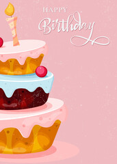 Happy birthday holiday card with a cute vintage-style cake in pink