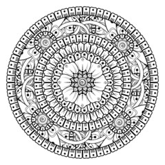 Circular pattern in form of mandala for Henna, Mehndi, tattoo, decoration. Decorative ornament in ethnic oriental style. Coloring book page.