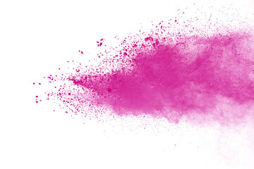 Pink powder explosion on white background. Colored cloud. Colorful dust explode. Paint Holi.