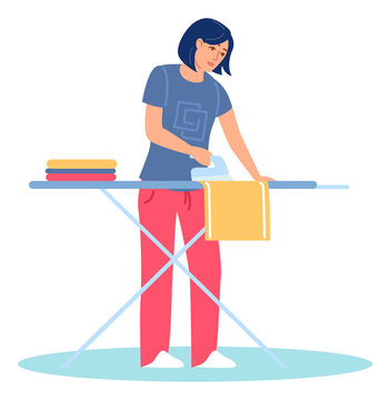 Woman ironing clothes on board. Household work concept