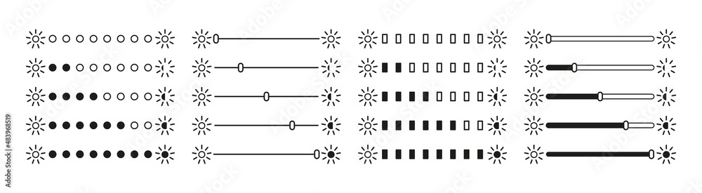 Poster brightness icons. adjust of bright screen. icons bar control of light level of screen. slider of set