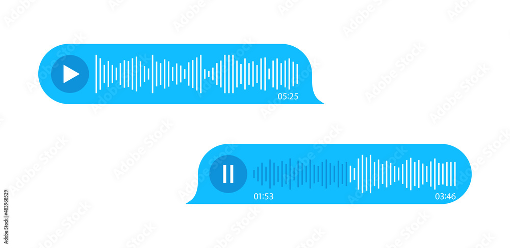 Poster Voice message. Audio chat icons. Record audio message. Bubble with sound call and waves. Ui for mobile phone messenger. Interface and buttons for speech recorde and speaker. Vector