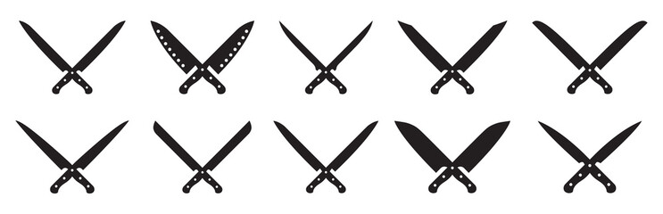 Butcher and bbq knifes. Chef icon. Crossed logo of knives for kitchen, butchery and grill. Silhouette of cleaver. Symbol of cooking, dining and barbecue. Restaurant logotype. Vector