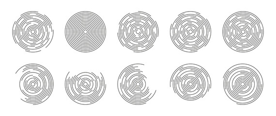 Concentric circles. Round line pattern. Ripple circular shapes. Broken circles. Vortex geometric sonar. Design graphic circles on white background. Vector - obrazy, fototapety, plakaty