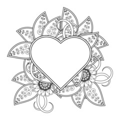 Mehndi flower with frame in shape of heart. decoration in ethnic oriental, doodle ornament.