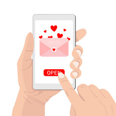 Sending love message concept. Hand holding phone with envelope with heart, open button. Finger touch screen. Vector flat cartoon illustration for valentine's day, websites, banner design