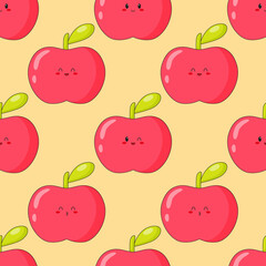 Seamless pattern of cute kawaii apple. Fruit print with different emotions of apple.