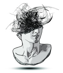 Vector hand drawn illustration of classical sculpture fragment of colossal head with messy hand drawn doodle bursting from the broken side. Isolated on white background.